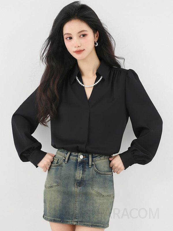새틴 블랙 브이넥 블라우스 여성용 가을 긴팔 셔츠 우아한 펄 디테일 고급스러운 통근룩 세련된 스타일 데일리룩 - 상세 이미지 2