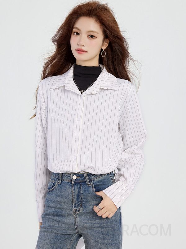 여성 스트라이프 셔츠 긴팔 가을용 캐주얼 레이어드 스타일 구김없는 편안한 착용감 데일리룩 블라우스형 - 상세 이미지 2