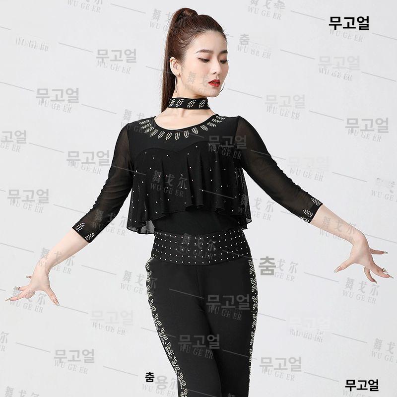 라틴 댄스복상의 방송 사교 상의 밸리 긴팔 공연복 줌바 반팔 무대의상 공연복댄스스포츠 블랙 단 상의 긴팔 평각불연결 M - 상세 이미지 2