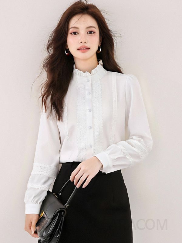 흰색 러플 긴팔 블라우스 여성용 우아한 가을 스타일 세련된 라운드넥 캐주얼 상의 데일리 코디 적합한 셔츠 - 상세 이미지 2