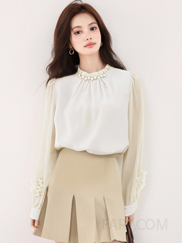 가을 여성용 러플 프릴 핀턱 블라우스 긴팔 셔츠 스타일리시한 디자인과 편안한 착용감의 하객룩 코디 쉬폰 소재로 우아한 분위기 연출 - 상세 이미지 3