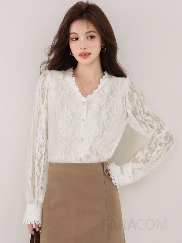 에이징 브이넥 레이스 긴팔 블라우스 여성용 가을 슬림핏 스타일리시한 프렌치 상의 고급스러운 디자인 데일리룩 하객룩 - 상세 이미지 5