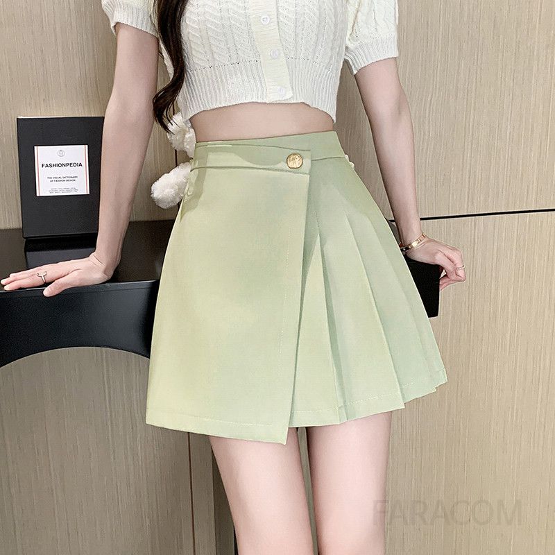 A라인 미니 스커트 플리츠 디자인 힙 커버링 올매치 봄여름 데일리룩 불규칙 주름 스타일 여성스러움 강조 편안한 착용감 - 상품 이미지