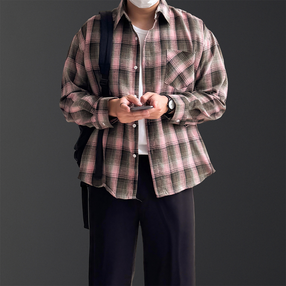 남자 오버핏 커플 체크 셔츠 남방 - 상세 이미지 2