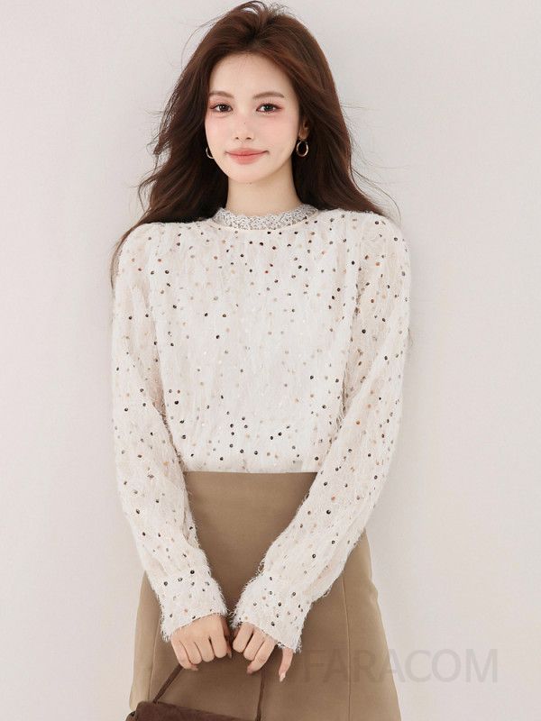 고급 원목 라운드넥 블라우스 여성 가을 셔츠 스타일리시한 디자인 루즈핏 데일리 착용감 편안한 캐주얼룩 하객 패션 - 상세 이미지 5