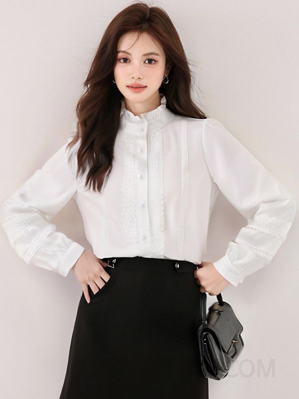 흰색 러플 긴팔 블라우스 여성용 우아한 가을 스타일 세련된 라운드넥 캐주얼 상의 데일리 코디 적합한 셔츠 - 상세 이미지 4