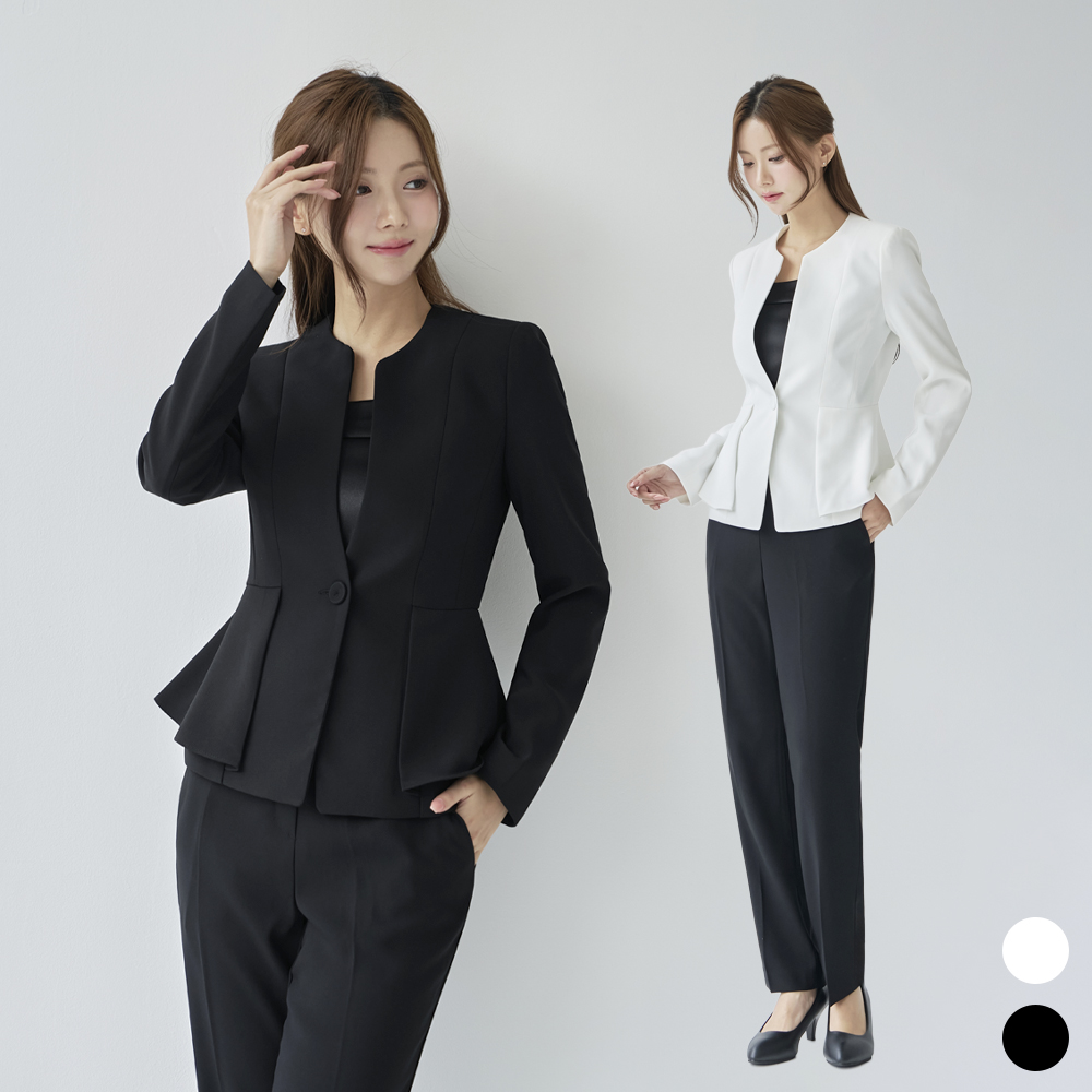여성 정장 노카라 노버튼 페플럼 유니폼 아나운서 면접 [Y날개 바지 세트]