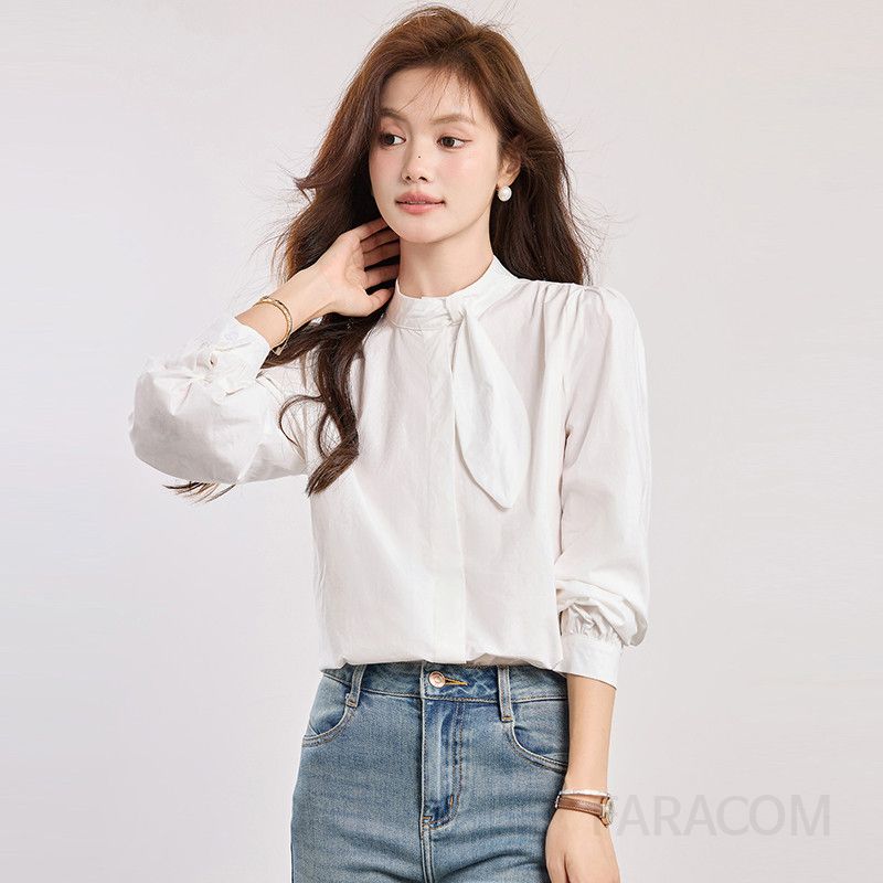 퍼프소매 여성 가을 블라우스 우아한 스타일 라운드넥 루즈핏 시스루 쉬폰 소재 고급스럽고 편안한 일상 데일리룩 활용 가능 - 상세 이미지 3