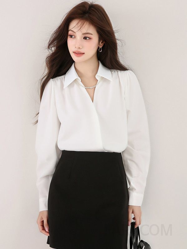 새틴 블랙 브이넥 블라우스 여성용 가을 긴팔 셔츠 우아한 펄 디테일 고급스러운 통근룩 세련된 스타일 데일리룩 - 상세 이미지 5