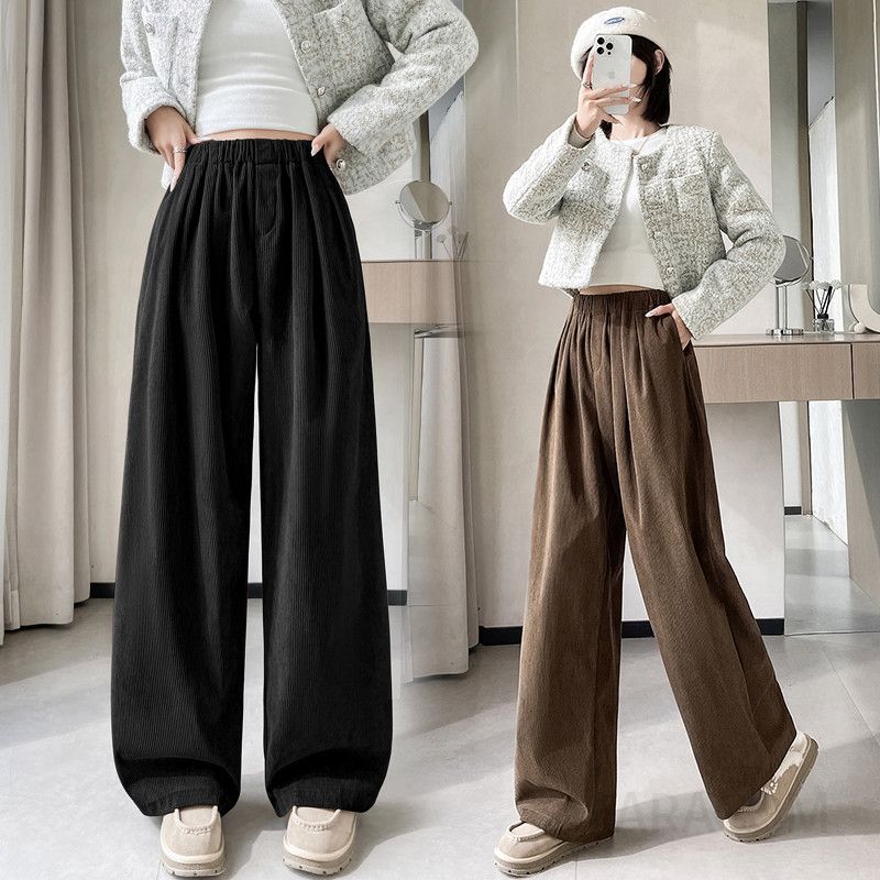 여성 코듀로이 와이드 팬츠 가을 하이웨이스트 루즈핏 캐주얼 스타일 편안한 착용감 데일리 여성바지 - 상품 이미지