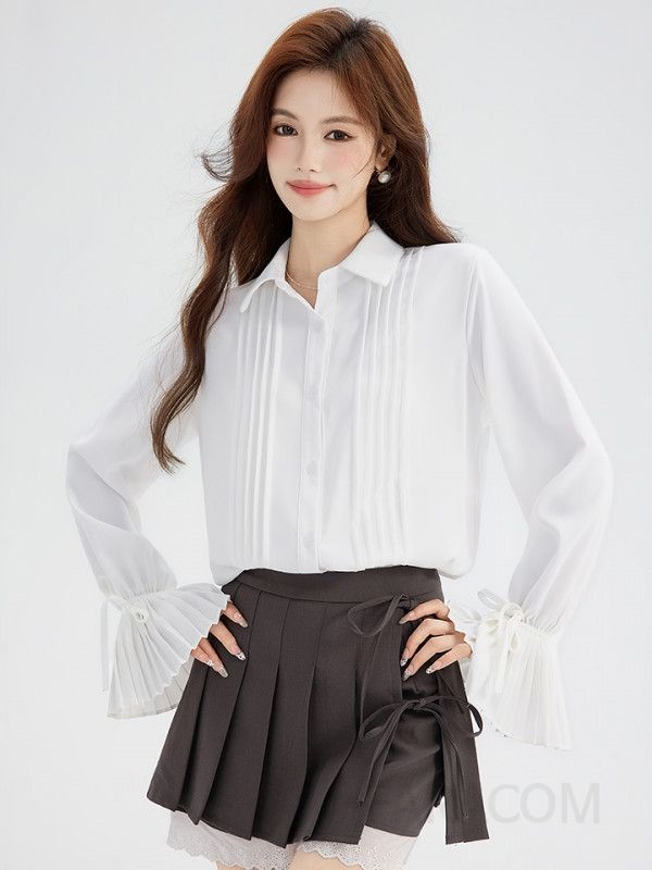 화이트 여성 셔츠 플리츠 디자인 블라우스 이너웨어 출퇴근용 봄여름 캐주얼 스타일 시원한 착용감 데일리룩 - 상세 이미지 4