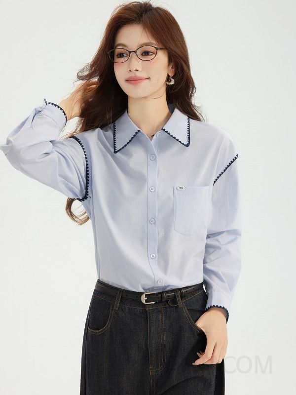 여성 오버핏 긴팔 셔츠 가을용 캐주얼 코튼 올매치 스타일 라이트 블루 컬리지 감성 데일리웨어 구김없는 편안한 착용감 - 상세 이미지 2