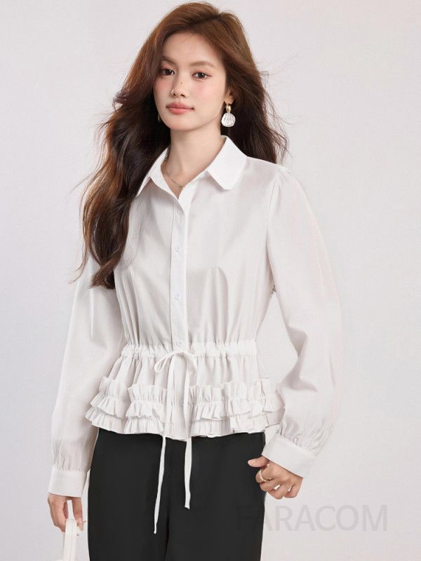 허리 슬림핏 여성 가을 긴팔 셔츠 러플 디자인 순면 상의 스타일리시한 데일리룩 캐주얼블라우스 - 상세 이미지 3