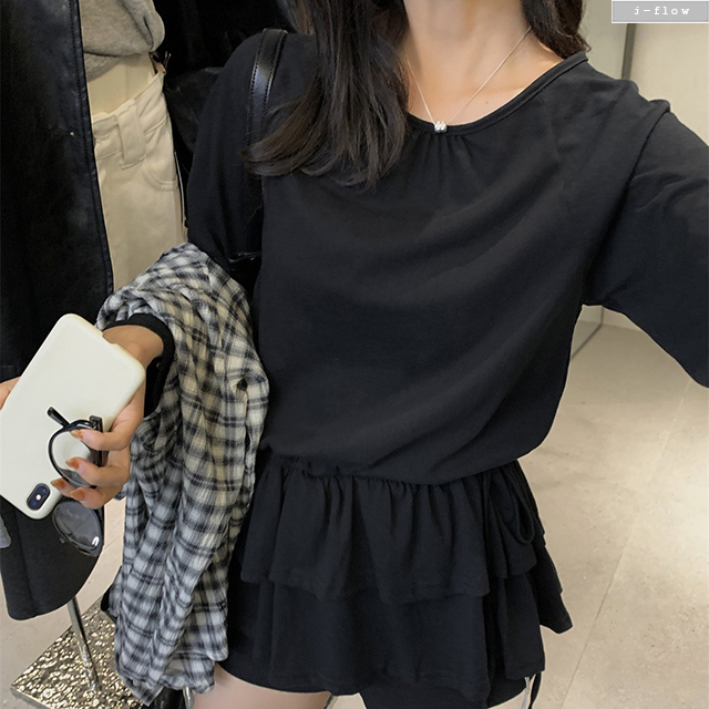 니취 캉캉 프릴 스트링 롱 하프 티셔츠 3col 가을 봄 미니원피스 레이어드 제이플로우 이미지 6