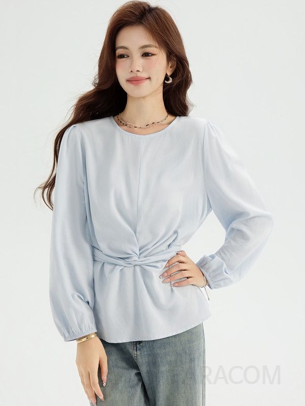 라운드넥 루즈핏 긴팔 셔츠 여성 가을 프렌치 스타일 크로스 스트랩 블라우스 편안한 착용감 데일리 코디용 - 상세 이미지 2