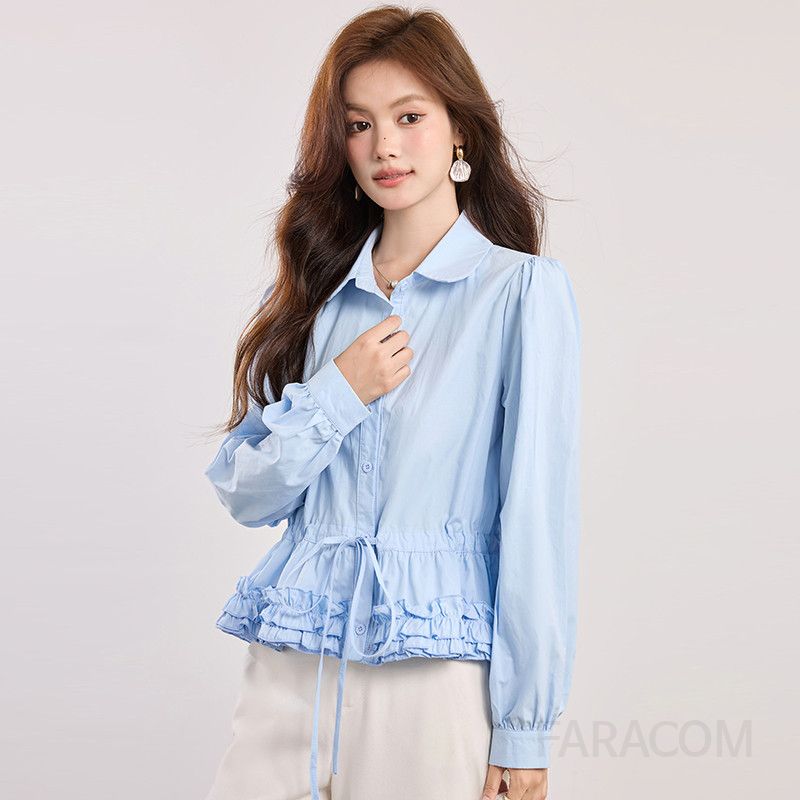 허리 슬림핏 여성 가을 긴팔 셔츠 러플 디자인 순면 상의 스타일리시한 데일리룩 캐주얼블라우스 - 상세 이미지 2