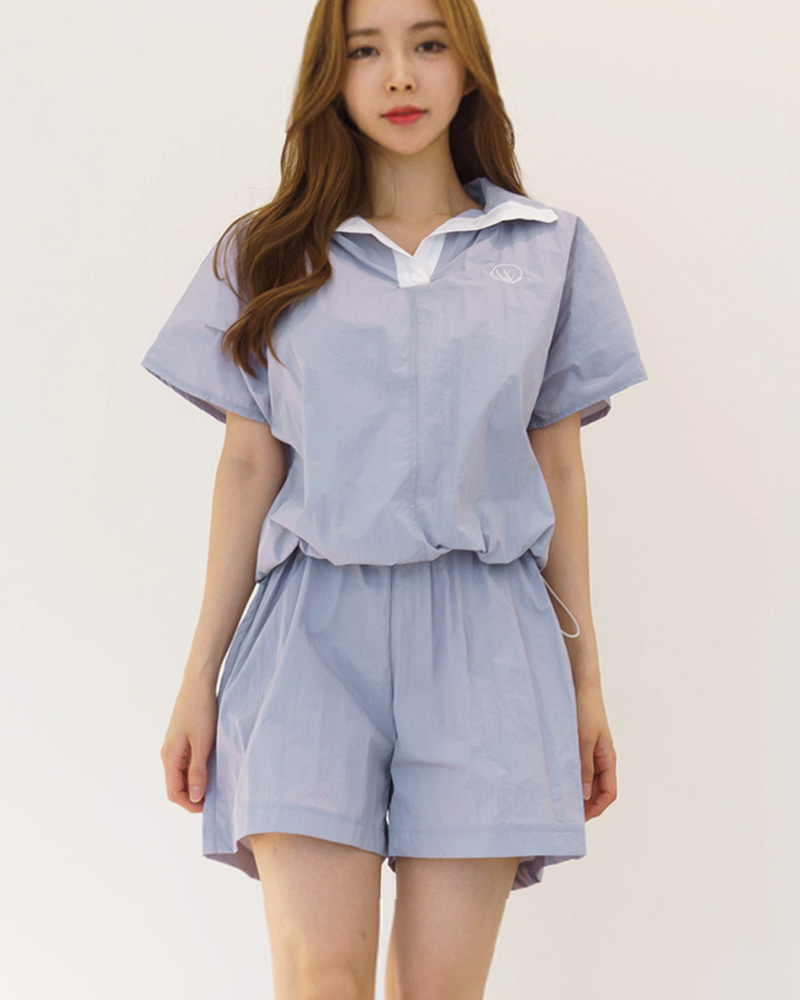 카라배색 밑단스트링 나일론 반바지 아노락세트 여름츄리닝 원마일웨어 - 메인 이미지