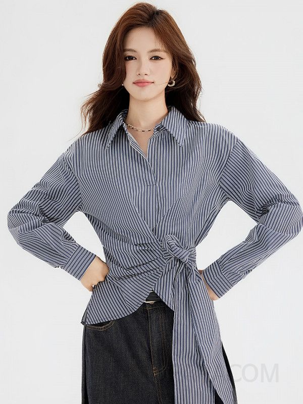 여성 스트라이프 셔츠 긴팔 세로 줄무늬 가을 데일리 캐주얼 허리 스트랩 포인트 스타일리시한 외출용 블라우스 - 상세 이미지 4