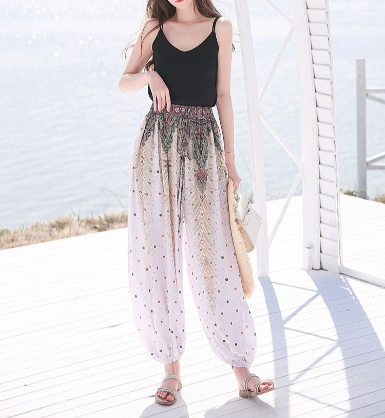 요가 하렘팬츠 요가복 하의 조거핏 필라테스 팬츠 필라테스복 에스닉 조거팬츠 프리사이즈 큰바지-피콕화이트 통근스타일 프리사이즈 - 상품 이미지