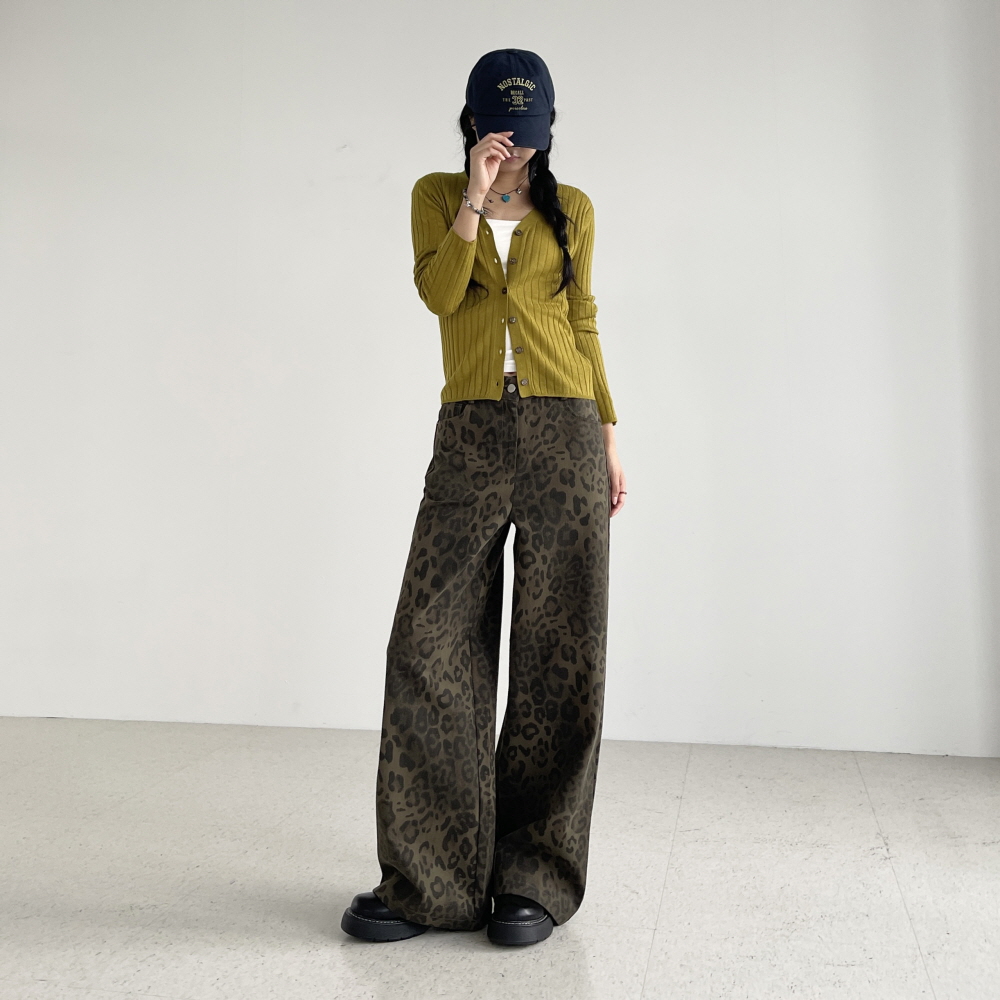 호피바지 레오파트 여성 와이드팬츠 브라운 카키 가을 면 코튼 여 통바지 모브레오팬츠 - 상세 이미지 5