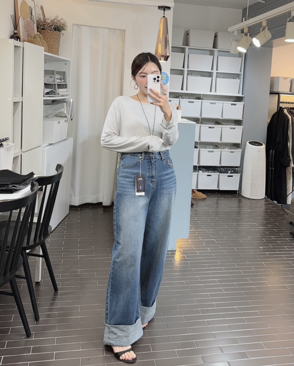 엘리 스트라이프 티 가을 찰랑 모달 스판 잔단가라 라운드 - 상세 이미지 5