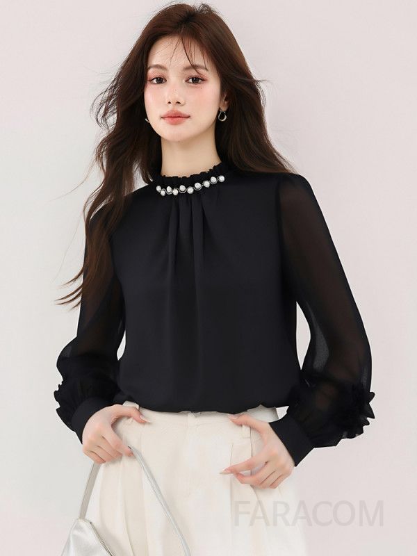 가을 여성용 러플 프릴 핀턱 블라우스 긴팔 셔츠 스타일리시한 디자인과 편안한 착용감의 하객룩 코디 쉬폰 소재로 우아한 분위기 연출 - 상세 이미지 5