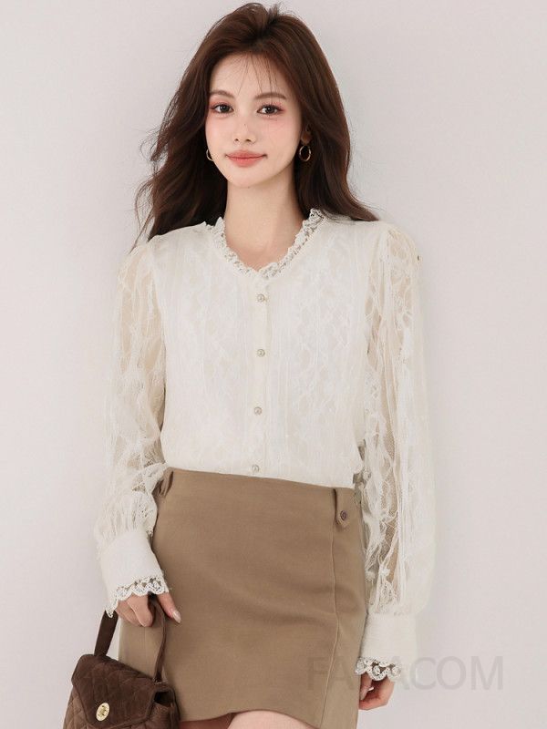 에이징 브이넥 레이스 긴팔 블라우스 여성용 가을 슬림핏 스타일리시한 프렌치 상의 고급스러운 디자인 데일리룩 하객룩 - 상세 이미지 4