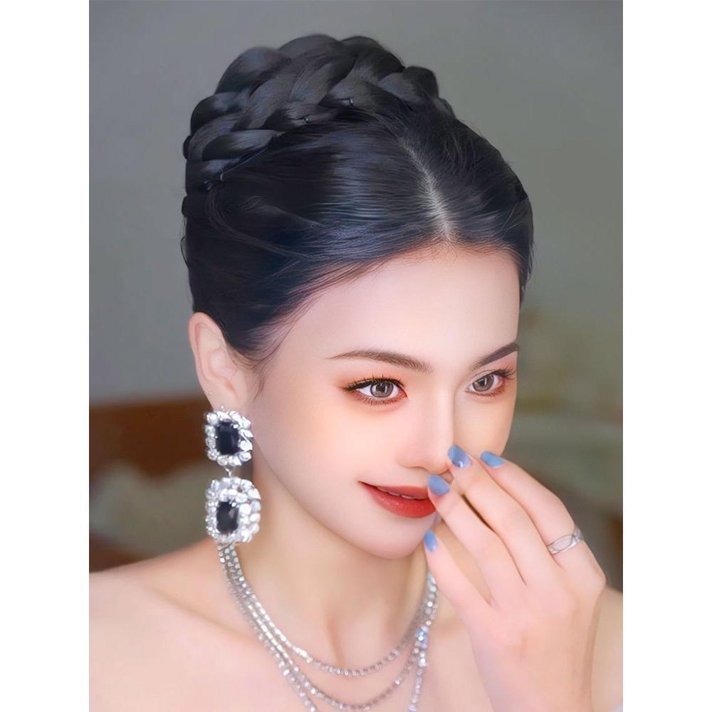 한복가채 한복머리 가발 쪽머리 중전 왕비 올림머리 꽃-내추럴 블랙 천금 공주 머리띠 모델 내추럴블랙 - 상세 이미지 3