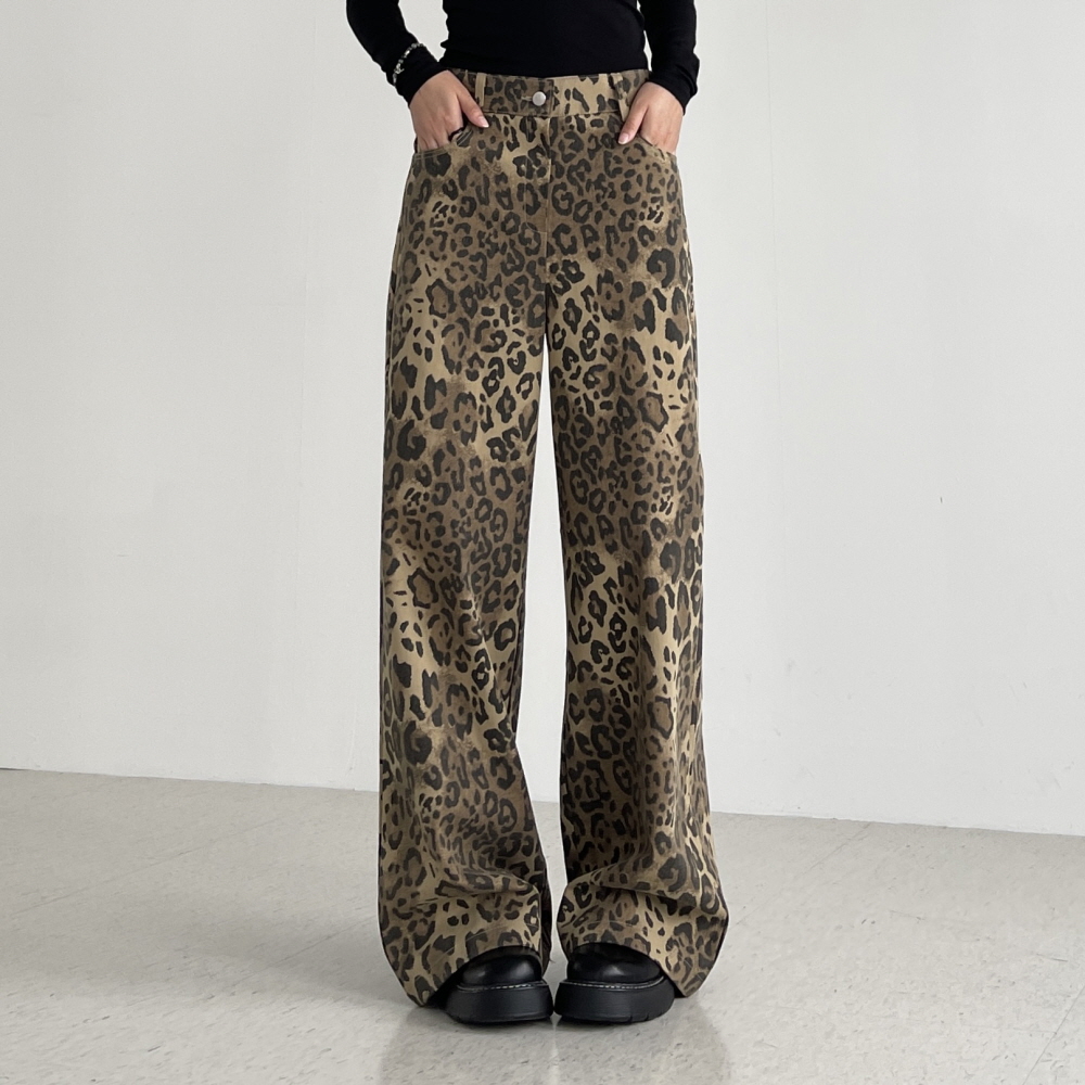 호피바지 레오파트 여성 와이드팬츠 브라운 카키 가을 면 코튼 여 통바지 모브레오팬츠 - 상세 이미지 2