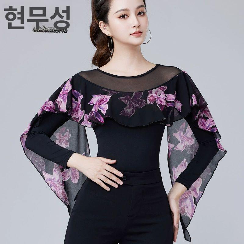 방송댄스복 여성 왈츠 무대의상 티셔츠 라틴댄스 핑크꽃 댄스복 댄스의상 줌바댄스복 공연 드럼플라워 긴소매 M - 상세 이미지 2