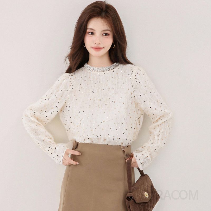 고급 원목 라운드넥 블라우스 여성 가을 셔츠 스타일리시한 디자인 루즈핏 데일리 착용감 편안한 캐주얼룩 하객 패션 - 상품 이미지