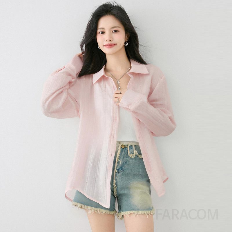 여성 얇은 긴팔 카디건 셔츠 구김없는 편안한 핑크 컬러 캐주얼 데일리룩 여름 가을용 긴 기장 다양한 스타일링 가능 - 상품 이미지