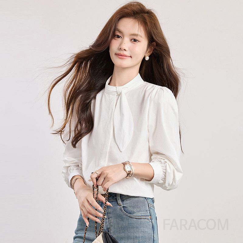 퍼프소매 여성 가을 블라우스 우아한 스타일 라운드넥 루즈핏 시스루 쉬폰 소재 고급스럽고 편안한 일상 데일리룩 활용 가능 - 상세 이미지 4