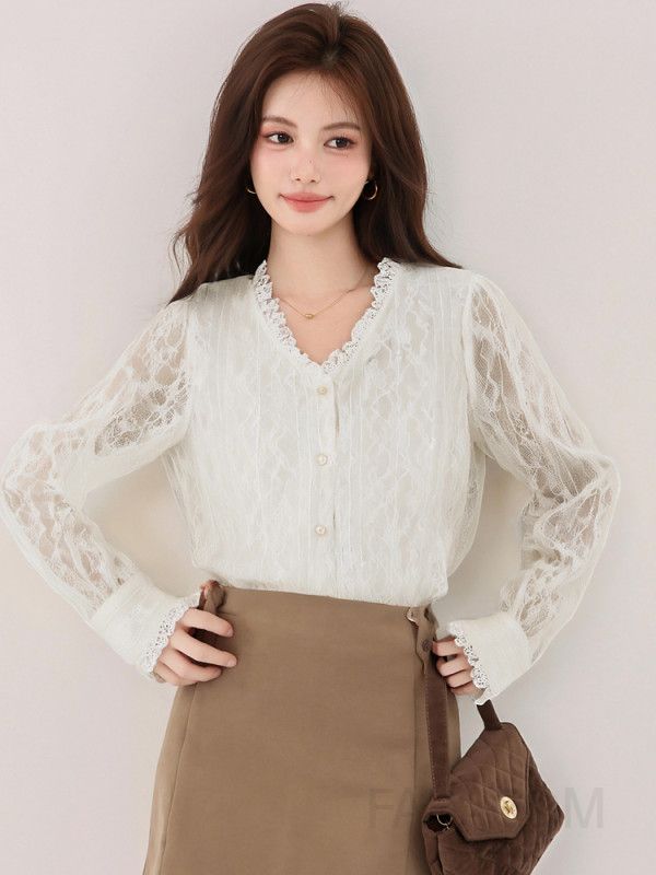 에이징 브이넥 레이스 긴팔 블라우스 여성용 가을 슬림핏 스타일리시한 프렌치 상의 고급스러운 디자인 데일리룩 하객룩 - 상세 이미지 2