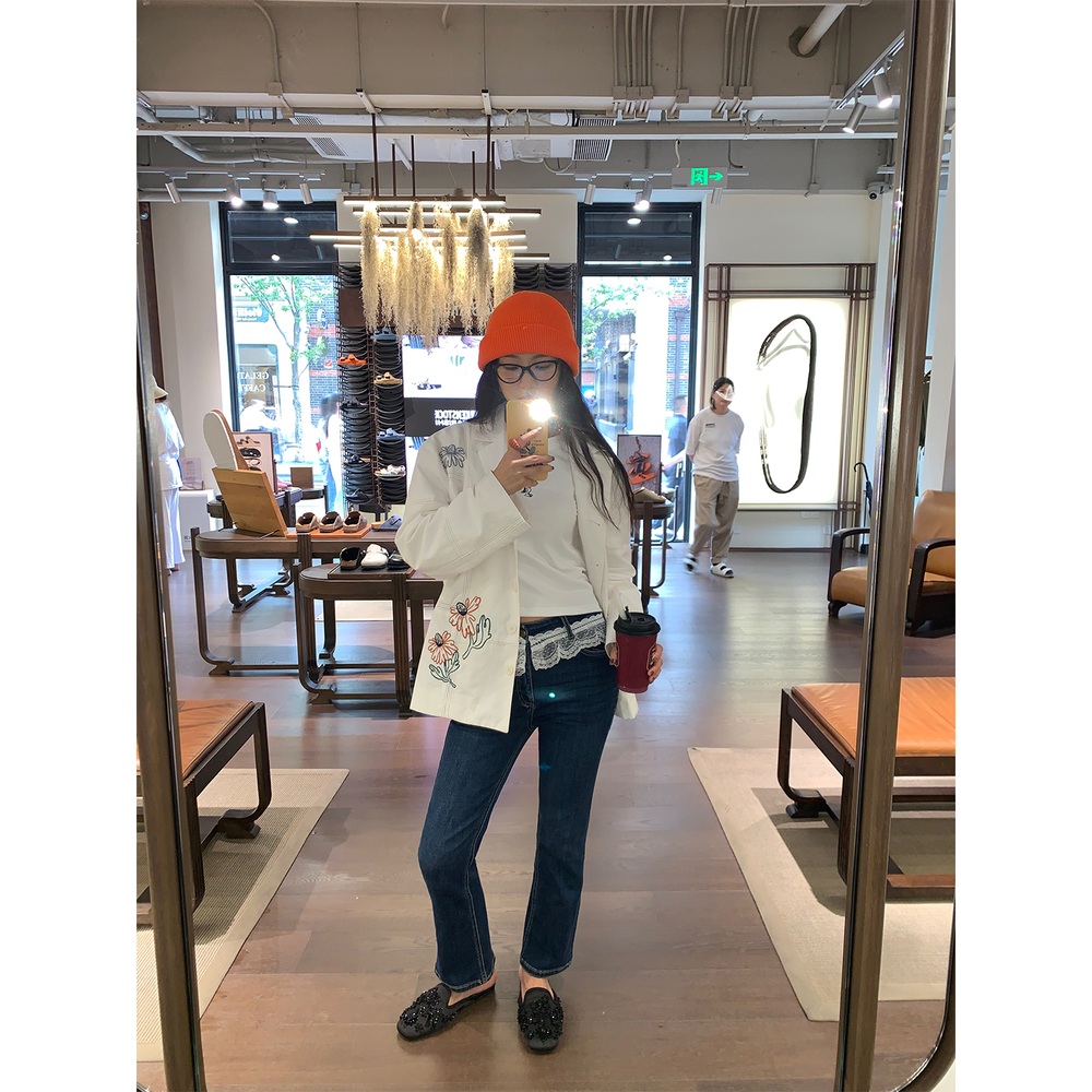 레이스레이어드 부츠컷 진청데님스키니진 유니크 디자인 오피스룩 예쁜 스타일 고급소재 - 상세 이미지 4