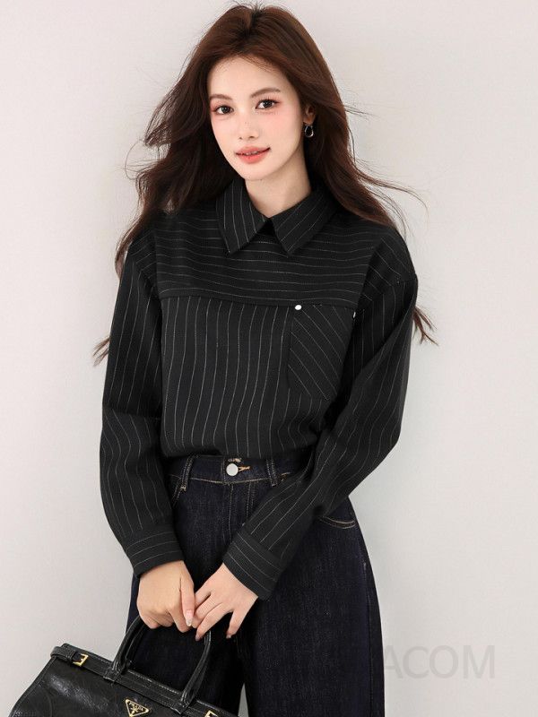 여성 스트라이프 긴팔 셔츠 데일리 출퇴근 패션 고급스러운 캐주얼룩 가을용 면 소재 편안한 착용감 스타일리시한 디자인 - 상세 이미지 4