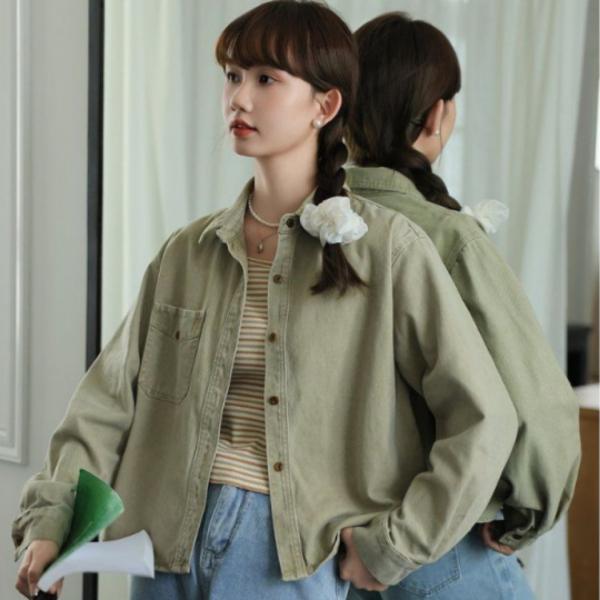 루즈핏 코튼 면 셔츠 자켓 카라 포켓 싱글 버튼 간절기 캐주얼 남방 아우터 봄 가을 카키 - 상품 이미지