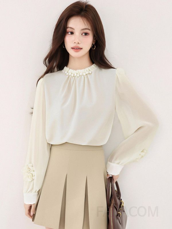 가을 여성용 러플 프릴 핀턱 블라우스 긴팔 셔츠 스타일리시한 디자인과 편안한 착용감의 하객룩 코디 쉬폰 소재로 우아한 분위기 연출 - 상세 이미지 2