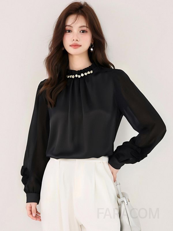 가을 여성용 러플 프릴 핀턱 블라우스 긴팔 셔츠 스타일리시한 디자인과 편안한 착용감의 하객룩 코디 쉬폰 소재로 우아한 분위기 연출 - 상세 이미지 4