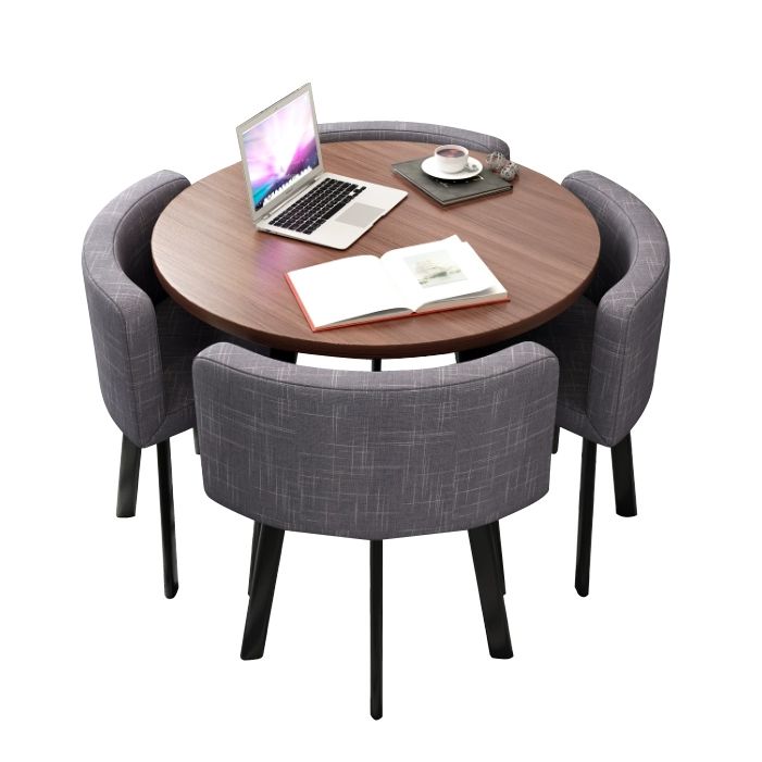 4인 티테이블 원탁 올인원 라운지 원형 식탁 세트 회색 월넛 원탁 80개와 그레이 패브릭 의자 - 상품 이미지