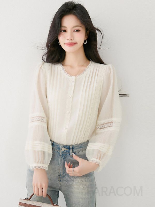 퍼프슬리브 루즈핏 블라우스 여성 가을 스타일 자수 디테일 라운드넥 캐주얼 셔츠 데일리 고급스러운 디자인 빈티지 감성 - 상세 이미지 4