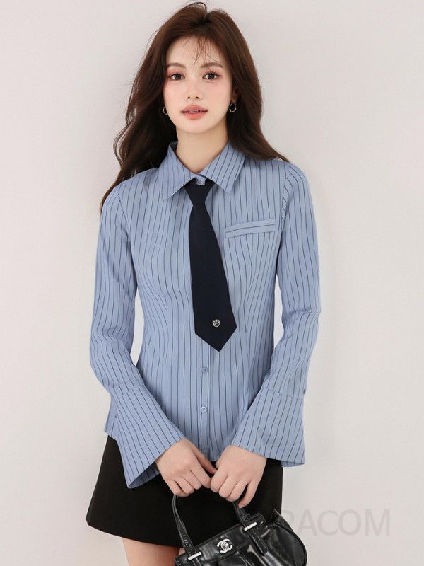 여성 스트라이프 긴팔 셔츠 캐주얼 코튼 구김없는 스타일 오버핏 이너로 활용 가능 데일리룩 가을 패션 - 상세 이미지 3