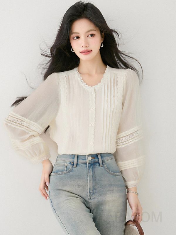퍼프슬리브 루즈핏 블라우스 여성 가을 스타일 자수 디테일 라운드넥 캐주얼 셔츠 데일리 고급스러운 디자인 빈티지 감성 - 상세 이미지 3