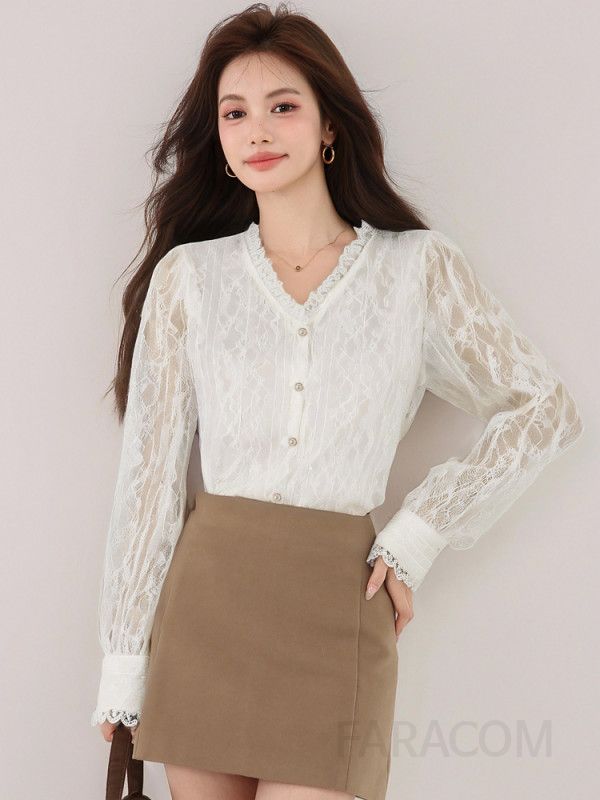 에이징 브이넥 레이스 긴팔 블라우스 여성용 가을 슬림핏 스타일리시한 프렌치 상의 고급스러운 디자인 데일리룩 하객룩 - 상세 이미지 3