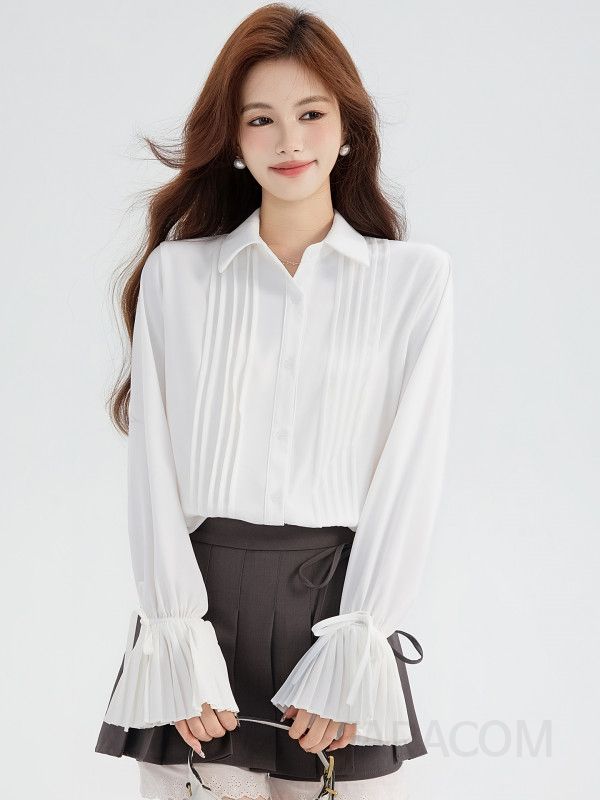 화이트 여성 셔츠 플리츠 디자인 블라우스 이너웨어 출퇴근용 봄여름 캐주얼 스타일 시원한 착용감 데일리룩 - 상세 이미지 3