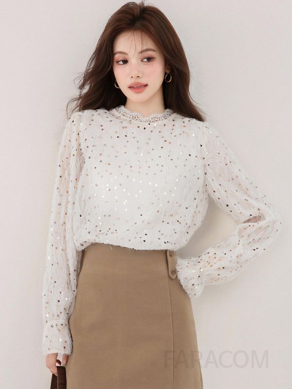 고급 원목 라운드넥 블라우스 여성 가을 셔츠 스타일리시한 디자인 루즈핏 데일리 착용감 편안한 캐주얼룩 하객 패션 - 상세 이미지 4