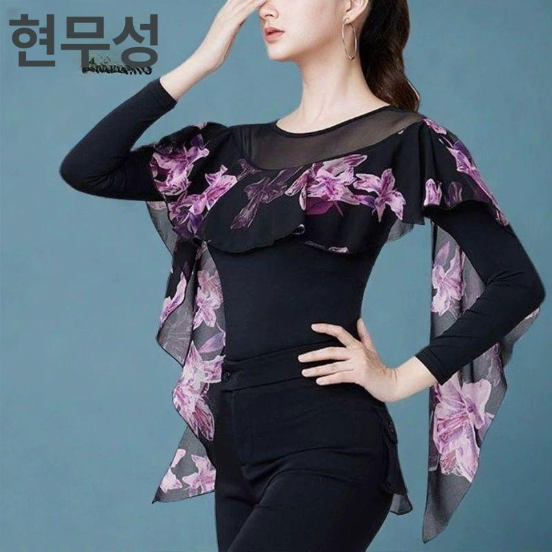 방송댄스복 여성 왈츠 무대의상 티셔츠 라틴댄스 핑크꽃 댄스복 댄스의상 줌바댄스복 공연 드럼플라워 긴소매 M - 상세 이미지 3