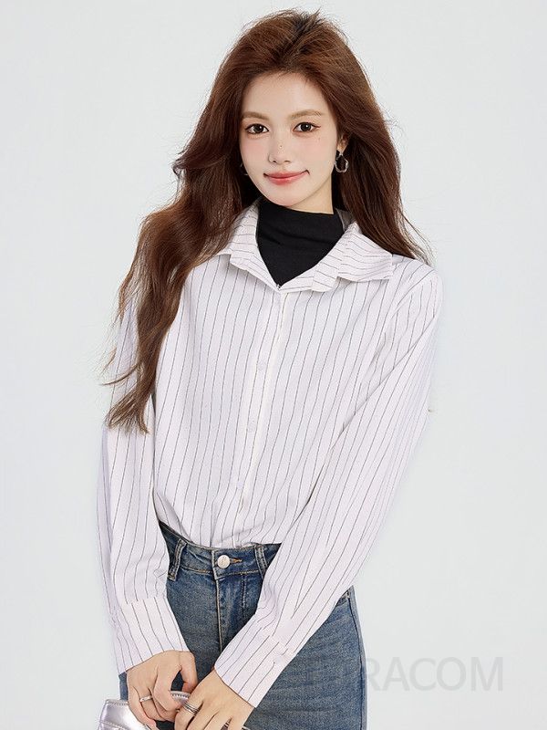 여성 스트라이프 셔츠 긴팔 가을용 캐주얼 레이어드 스타일 구김없는 편안한 착용감 데일리룩 블라우스형 - 상세 이미지 3
