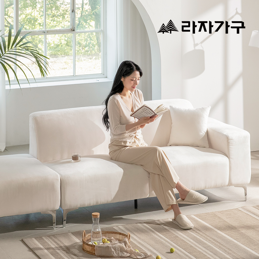 라자가구 멜로우 푹신한 패브릭 방수 거실 예쁜 카우치 2인 소파 스툴포함, 우형_베이지