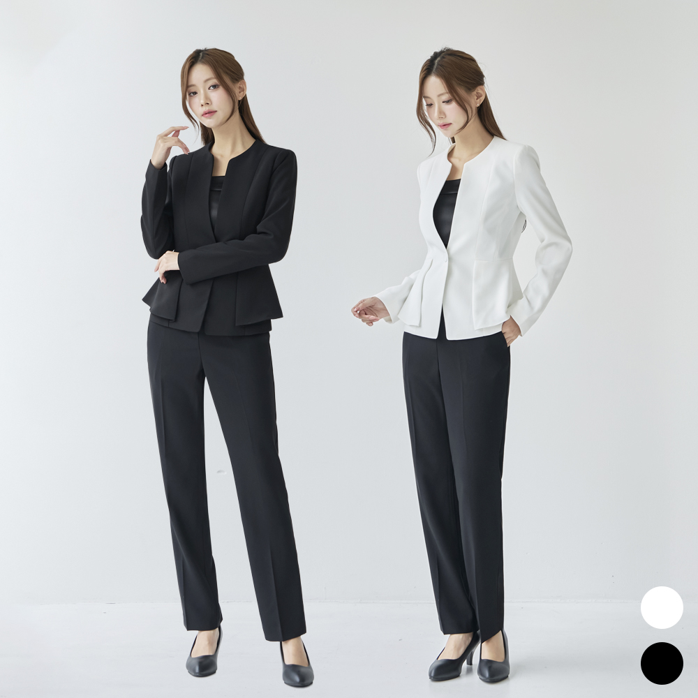 여성 정장 노카라 노버튼 페플럼 유니폼 아나운서 면접 [Y날개 바지 세트] 이미지 2